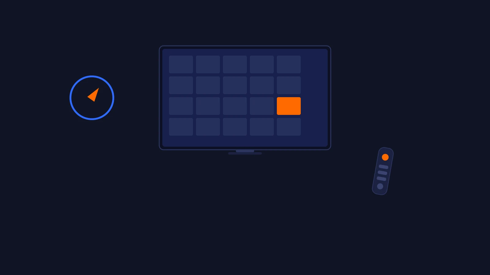 Abstrakte Illustration eines Smart-TV-Bildschirms mit Kompass-Symbol und Fernbedienung