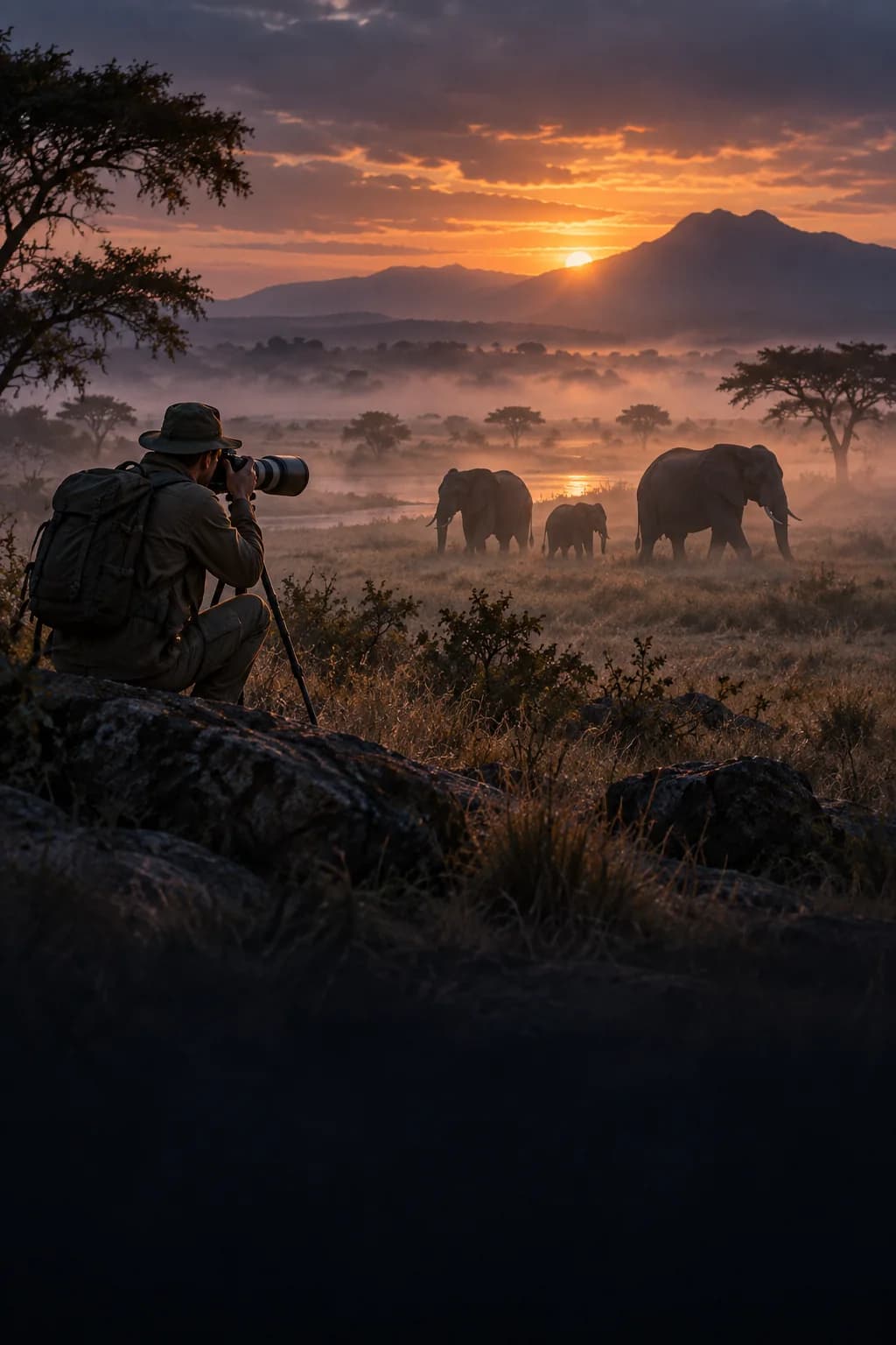 Naturfilmer beobachtet Elefanten in einer nebligen Savanne bei Sonnenaufgang