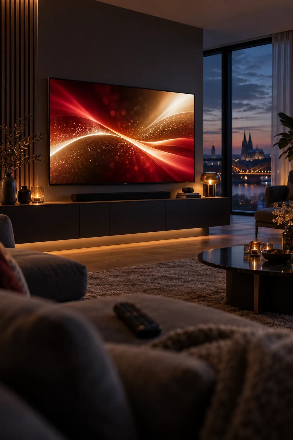 Modernes deutsches Wohnzimmer mit Fernseher und abstrakten warmen Sendelichtern