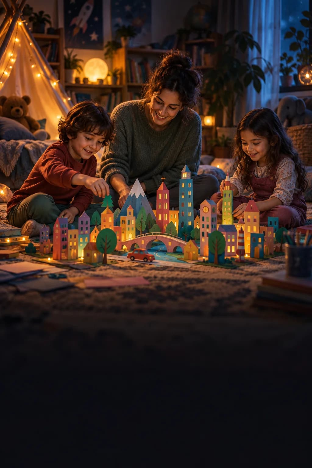 Kinder und ein Elternteil bauen gemeinsam eine farbenfrohe Papierstadt im Spielzimmer
