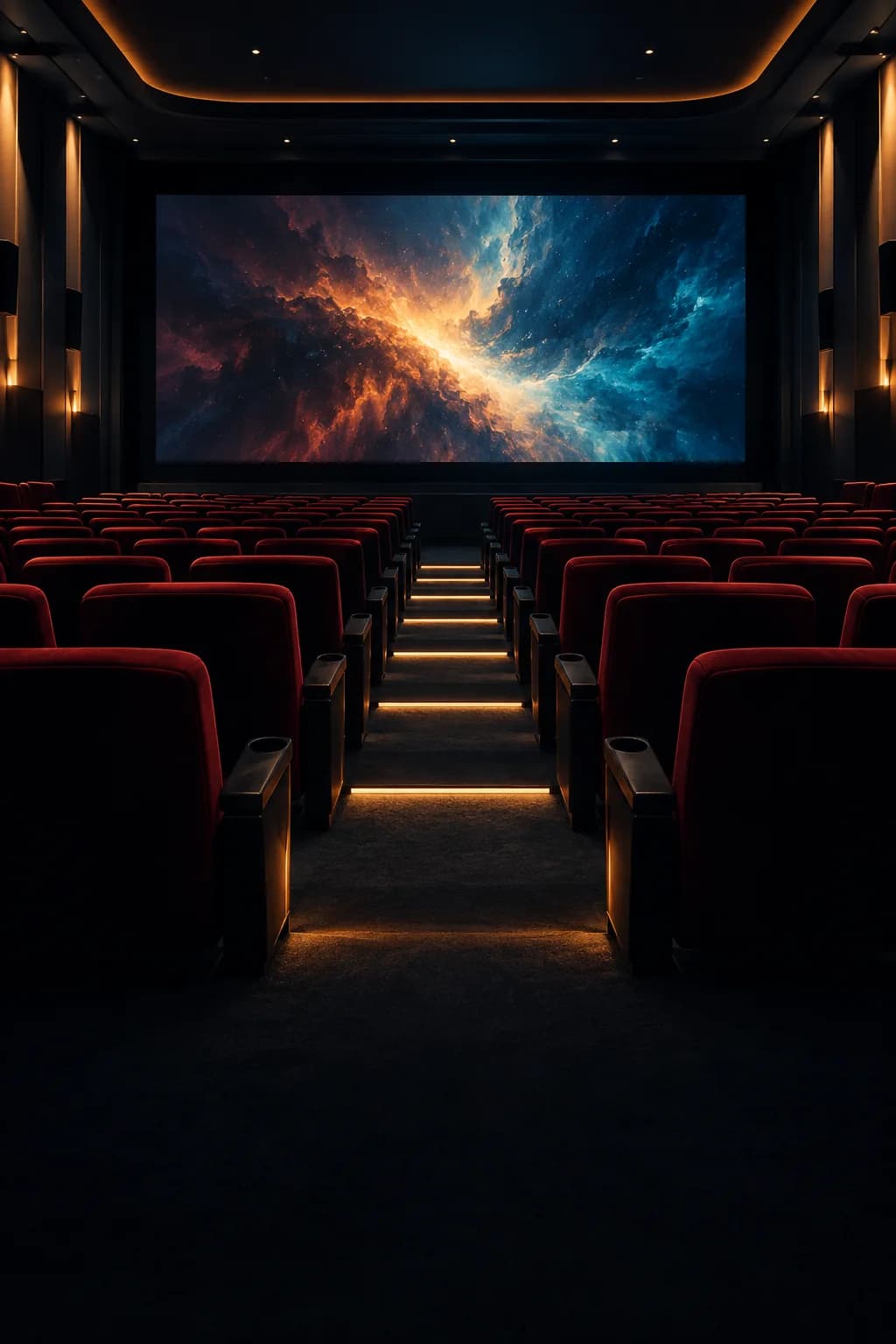 Moderner Kinosaal aus dem Mittelgang mit einer großen abstrakten Leinwand