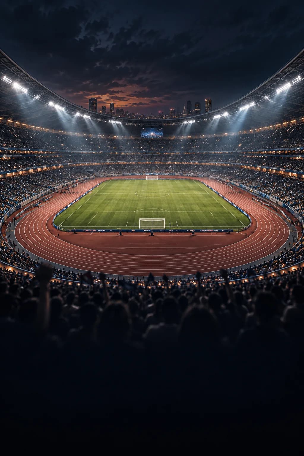 Voll beleuchtetes Stadion mit Laufbahn und Spielfeld