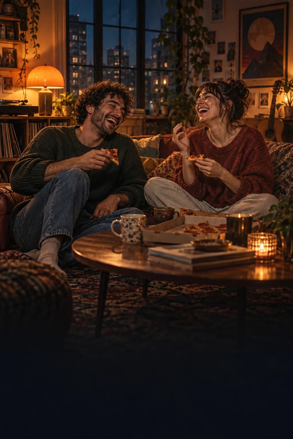 Zwei Freunde lachen gemeinsam in einem warm beleuchteten Retro-Interieur