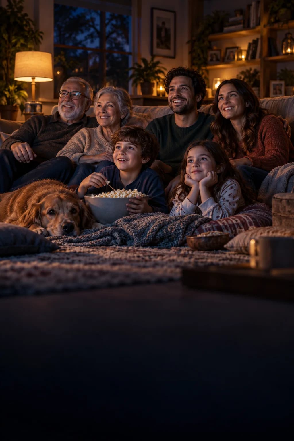 Familie schaut gemeinsam einen Film in einem warm beleuchteten Wohnzimmer
