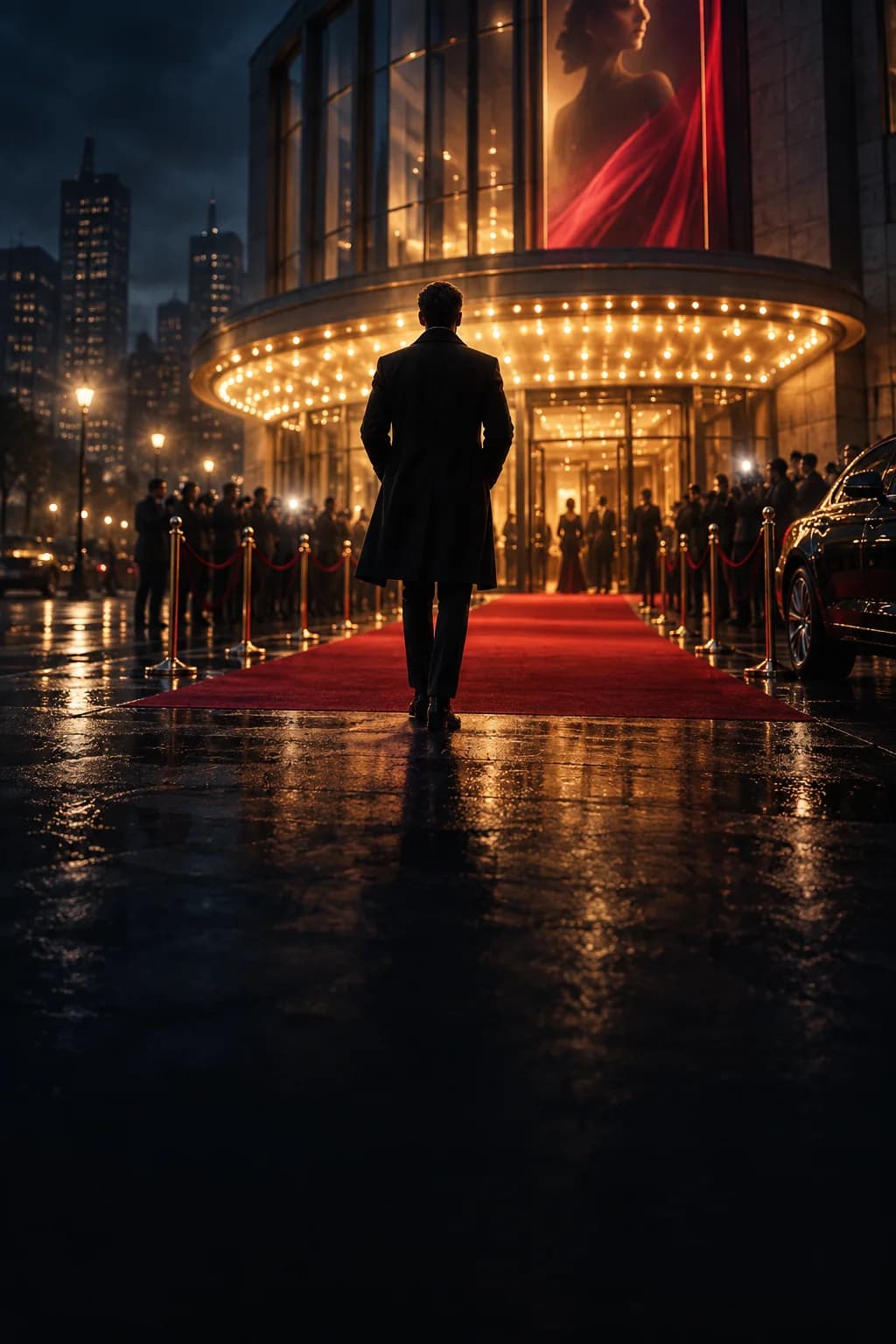 Person in dunkler Jacke bei einer beleuchteten Filmpremiere auf nassem Boden