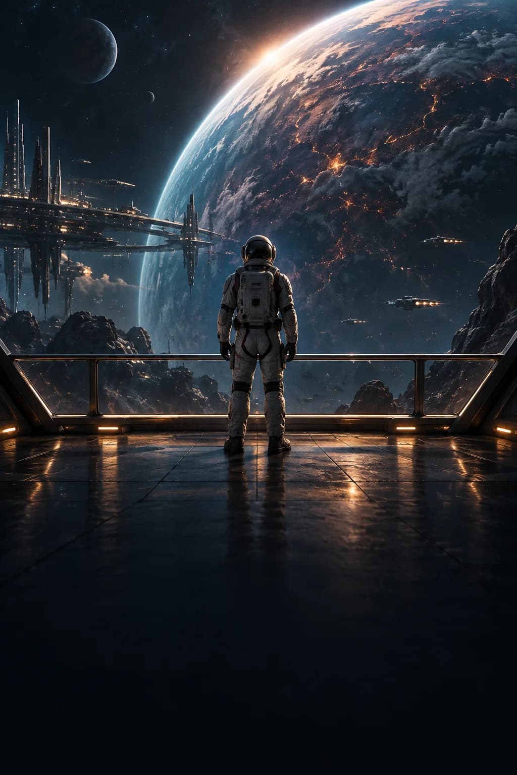 Astronaut auf einem futuristischen Deck mit Blick auf einen leuchtenden Planeten