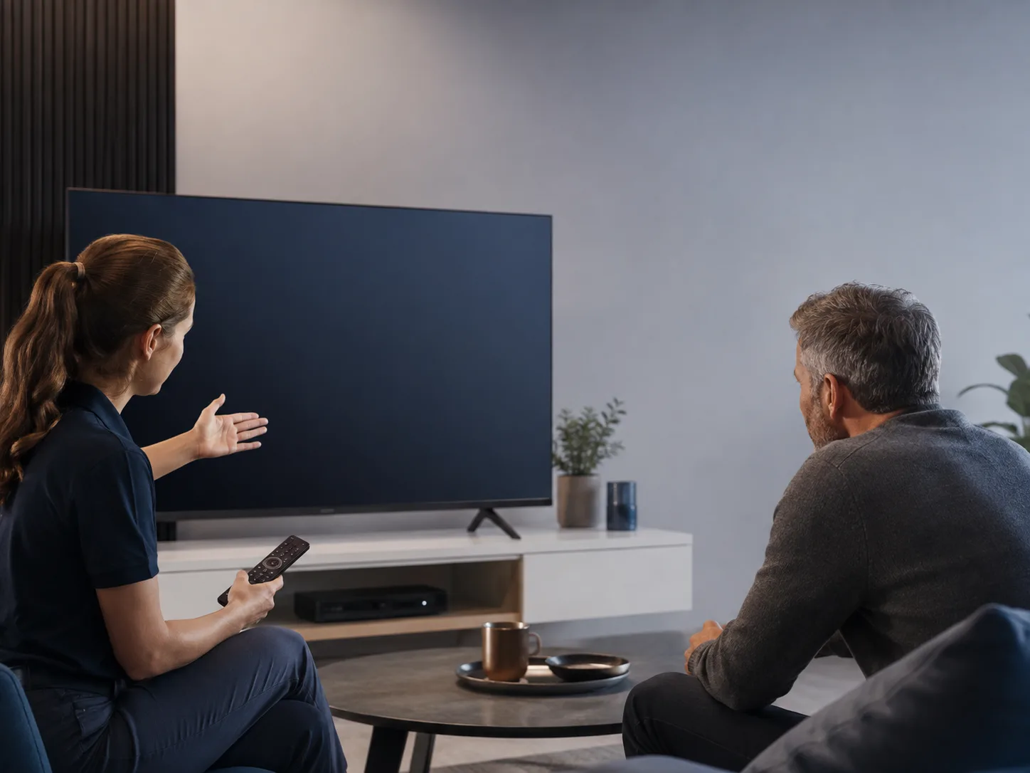 Supportmitarbeiter erklärt einem Kunden die Einrichtung des Fernsehers