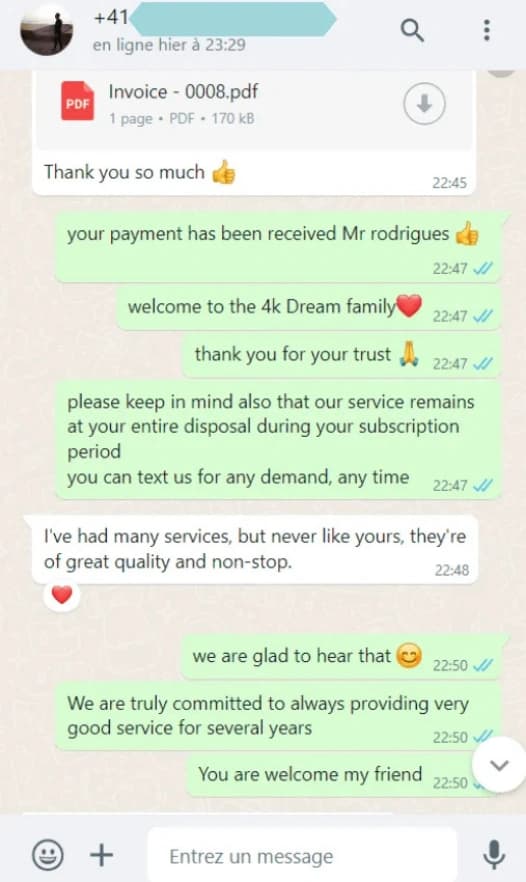 WhatsApp-Gespräch mit einer positiven Kundenrückmeldung zur IPTV-Qualität
