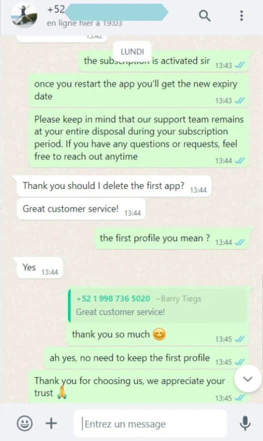 WhatsApp-Gespräch mit Feedback zu Support und IPTV-Erfahrung