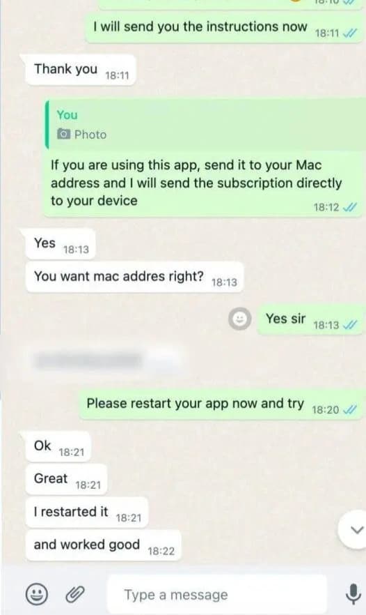 WhatsApp-Gespräch über Hilfe bei der Einrichtung einer IPTV-App