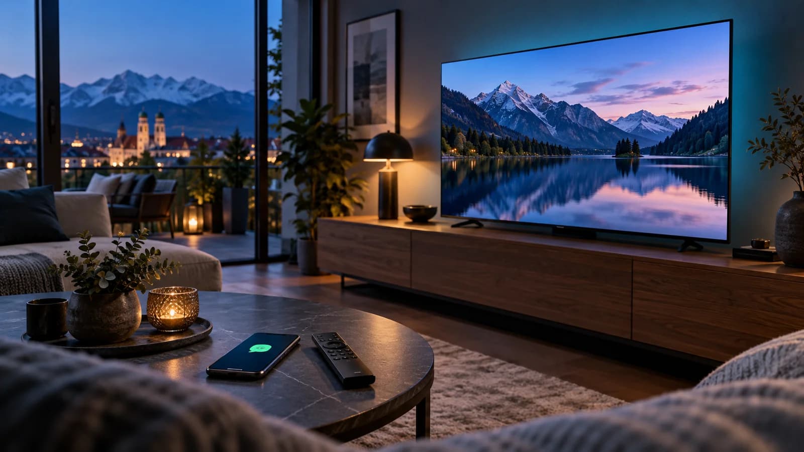 Smart-TV mit Alpenlandschaft im blauen Abendlicht, Fernbedienung und Smartphone für persönliche Hilfe