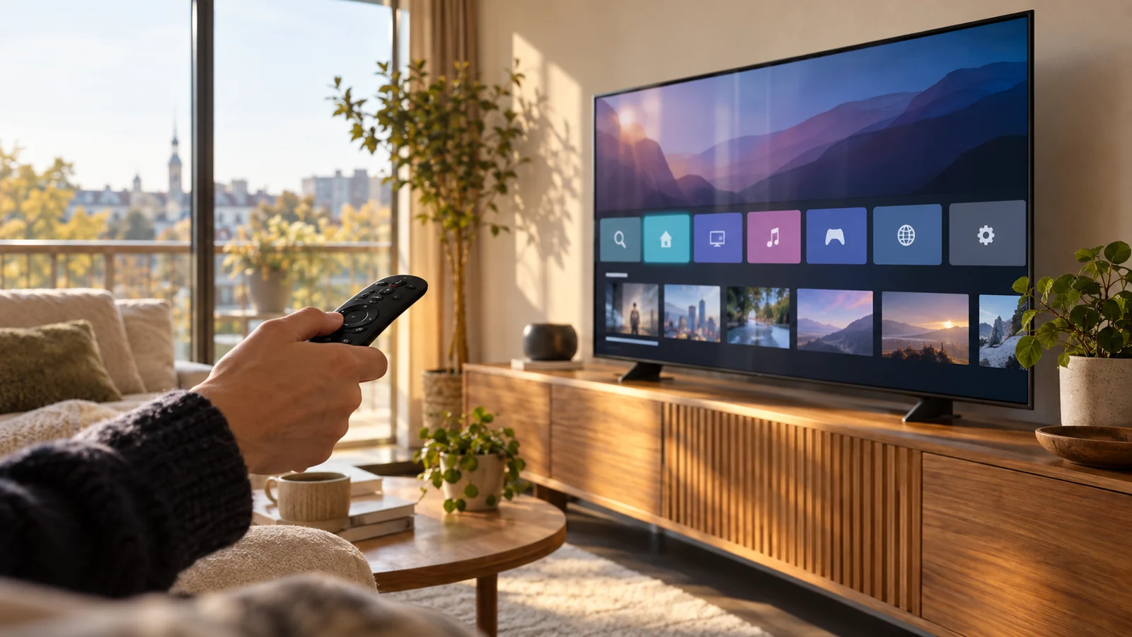 Ein Fernseher mit abstrakter App-Leiste neben einem Fenster und einer gebogenen Zeiger-Fernbedienung