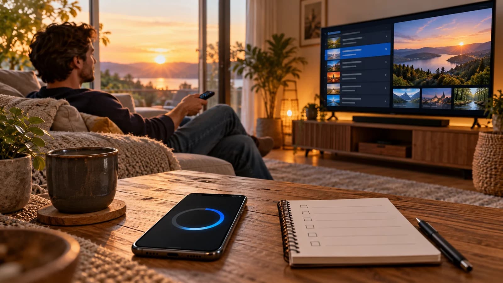 Smartphone mit abstraktem Timer neben einer Prüfliste und einem Zuschauer am Fernseher