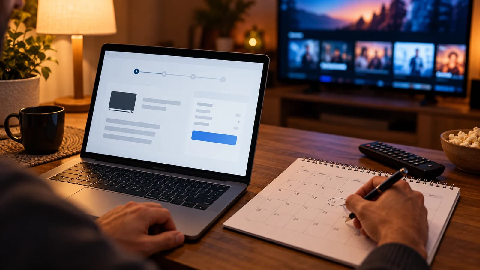 Ein Nutzer prüft Kalender und Bestellübersicht am Laptop neben einer Fernbedienung