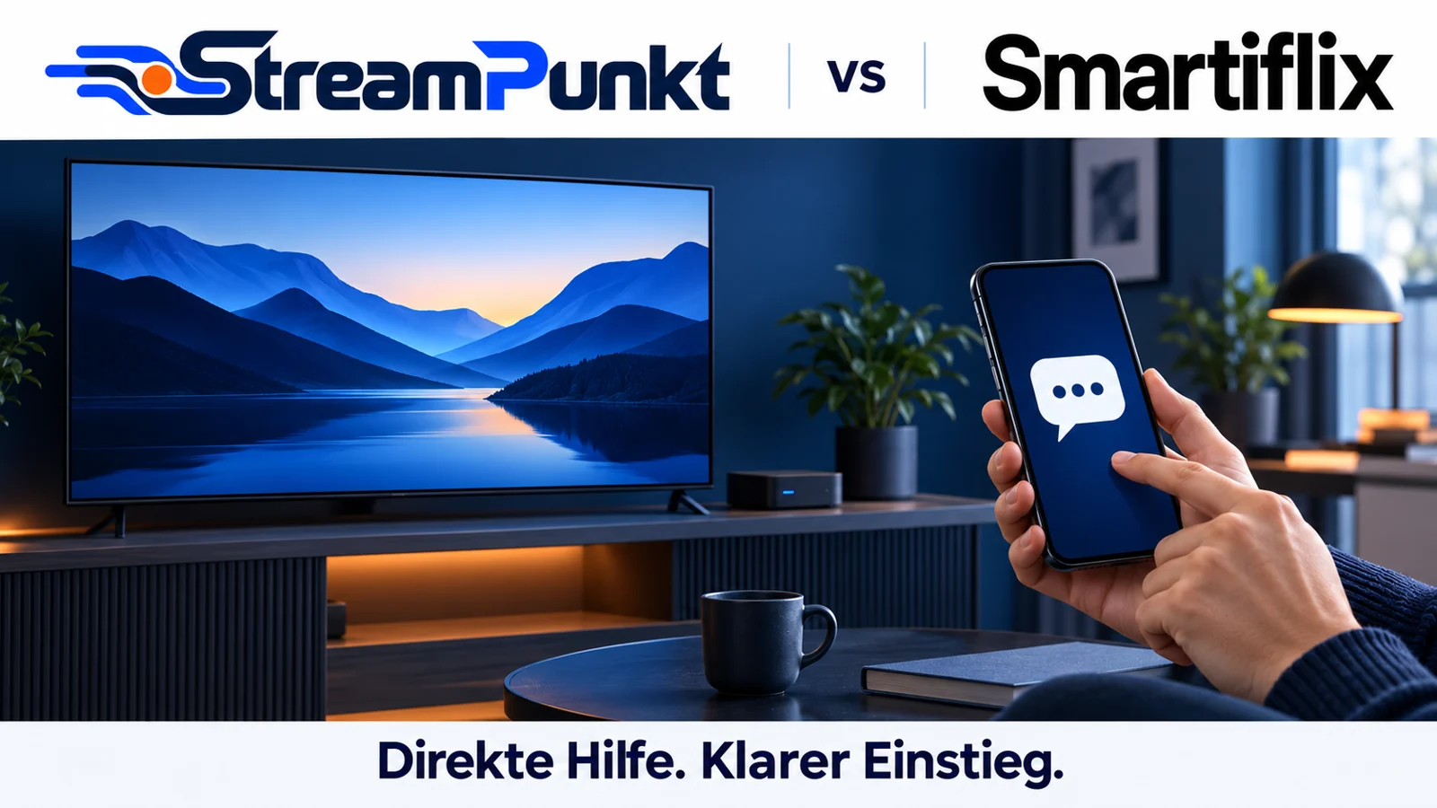 StreamPunkt-Logo gegenüber dem Namen Smartiflix über einem Fernseher und Smartphone als Illustration persönlicher Unterstützung